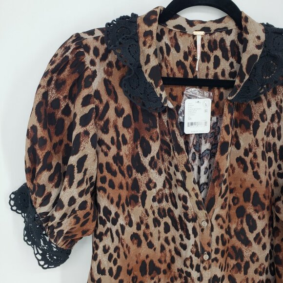 Free People My Love Leopard Print Blouse Top XS Lace Trim Cropped Black Brown - Picture 6 of 10